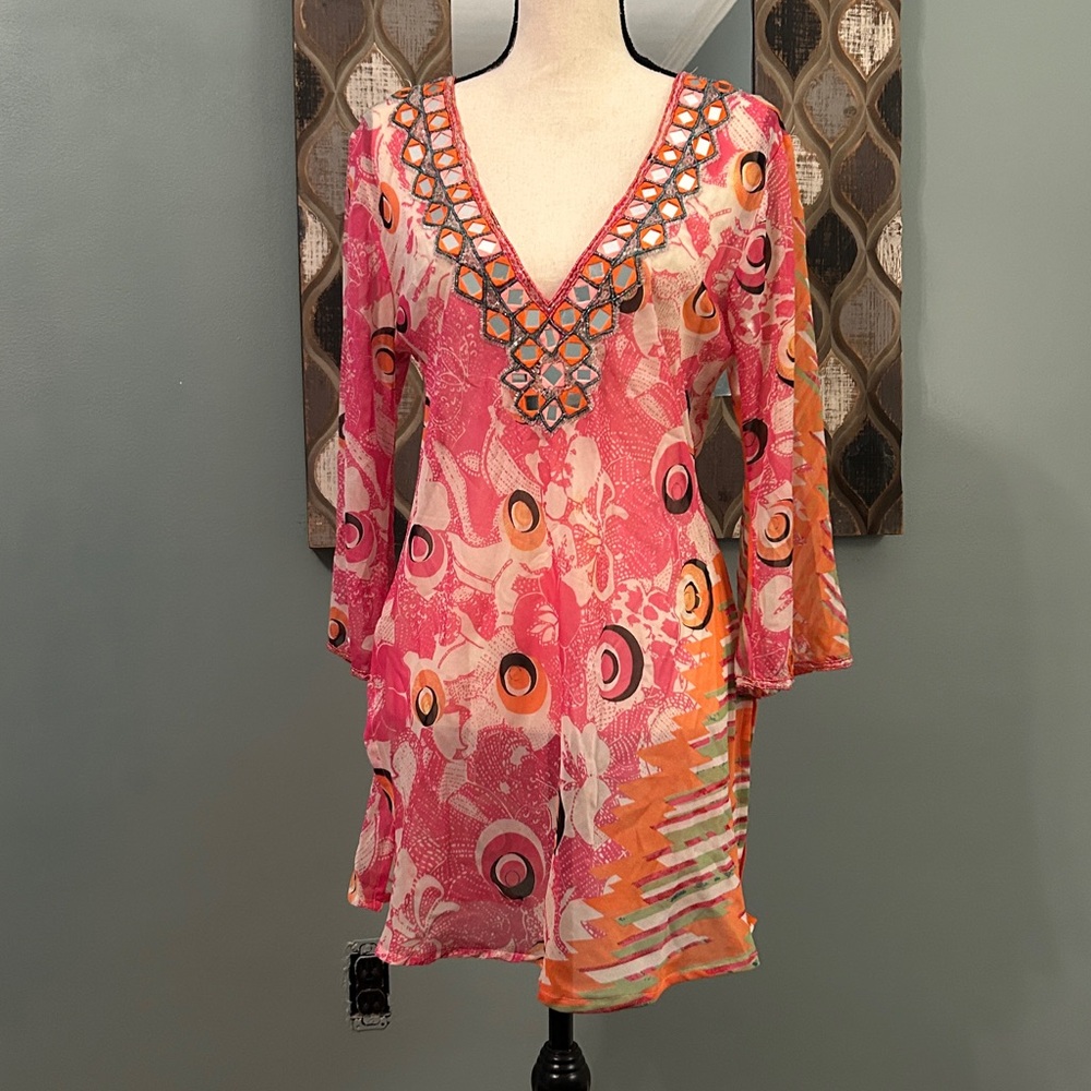 Solitaire Pink and Red Patterned Swim Coverup